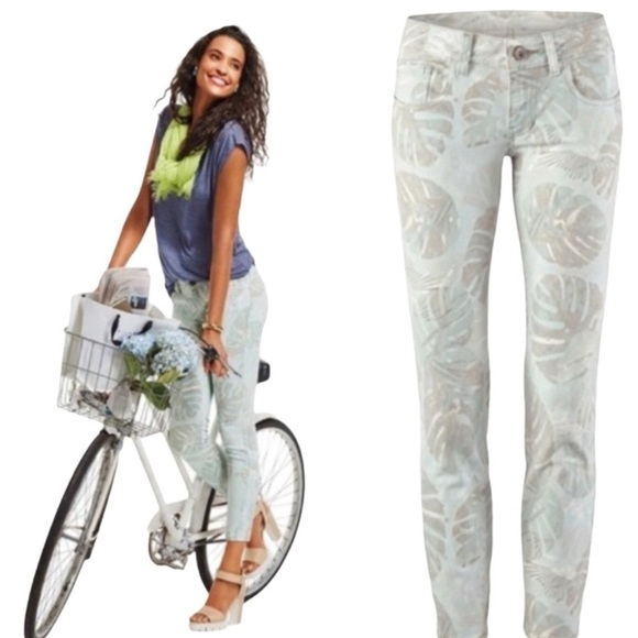 CAbi Pants - Cabi # 227 Women Size 6 Green Palm Leaf Paradise Crop Ankle Skinny Jeans, EUC